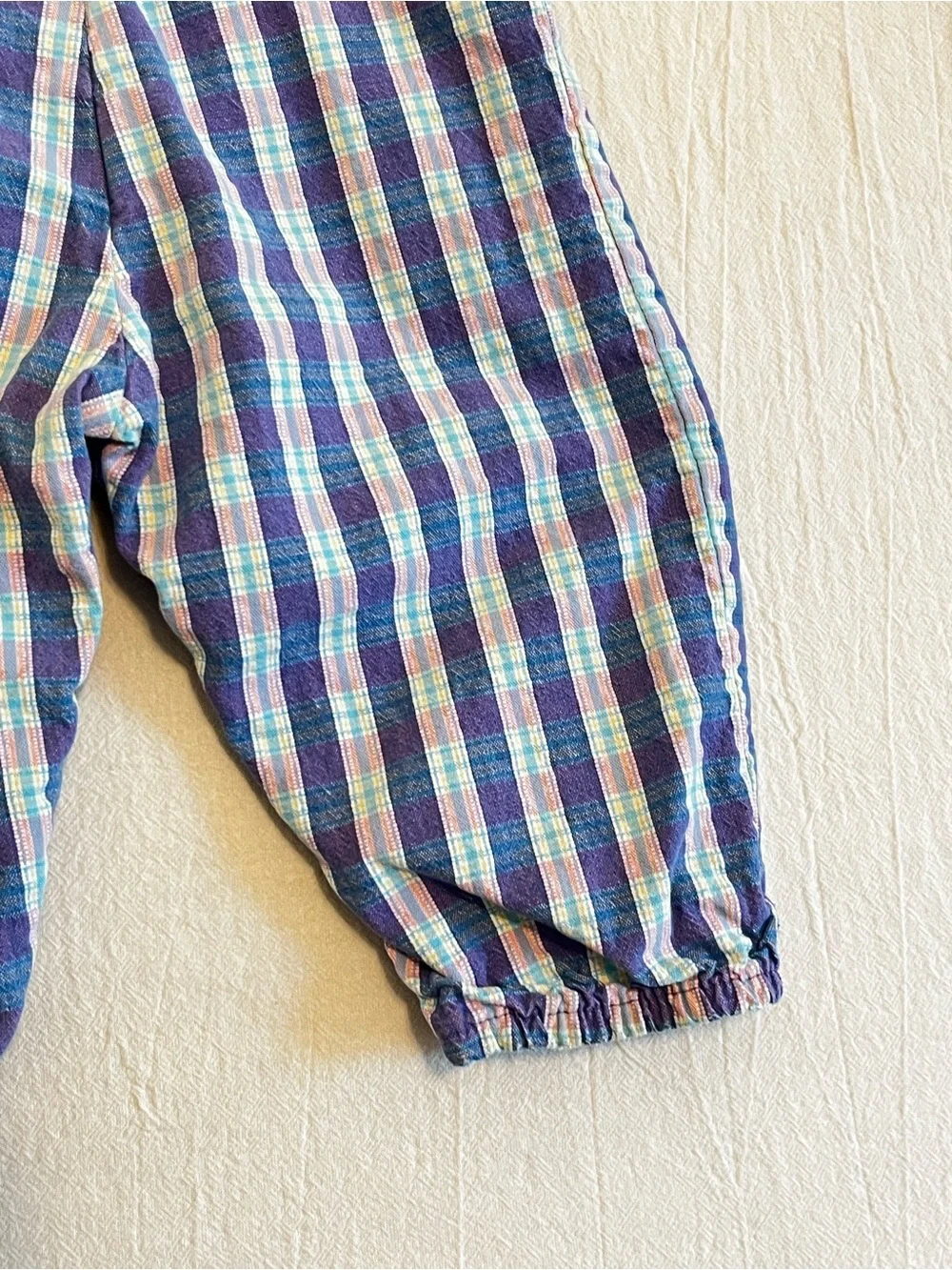 Vintage OshKosh B’Gosh 90s Plaid Overalls Baby USA Made Pink Blue Snap Romper